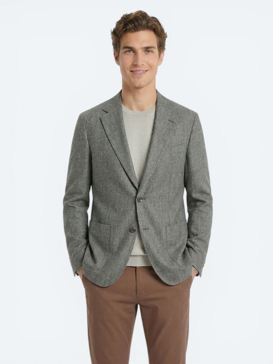 Haki Desenli Modern Fit Keten Karışımlı Ceket - 4