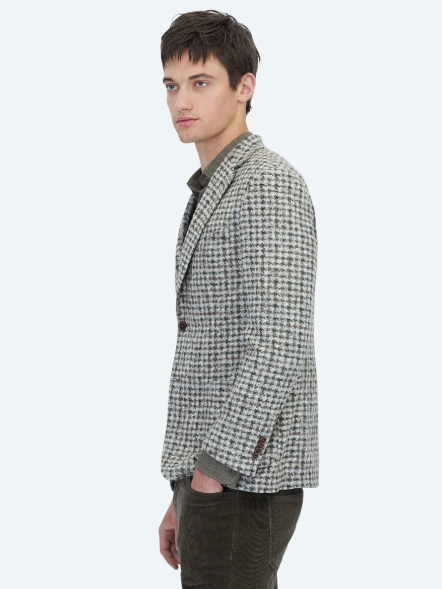 Haki Desenli Modern Fit Yün Karışımlı Örme Ceket - 3