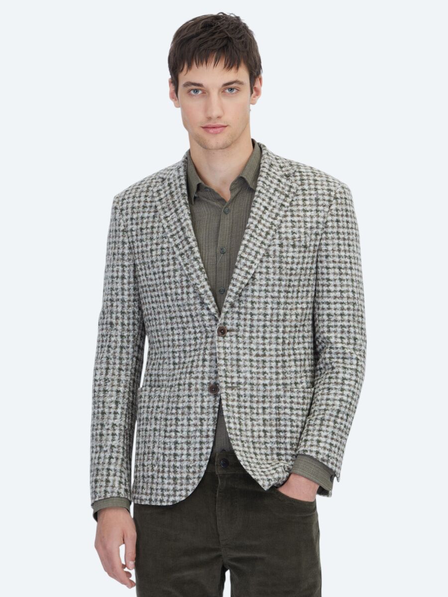 Haki Desenli Modern Fit Yün Karışımlı Örme Ceket - 1