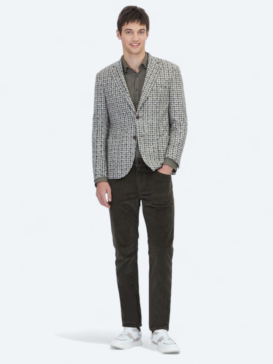 Haki Desenli Modern Fit Yün Karışımlı Örme Ceket - 2