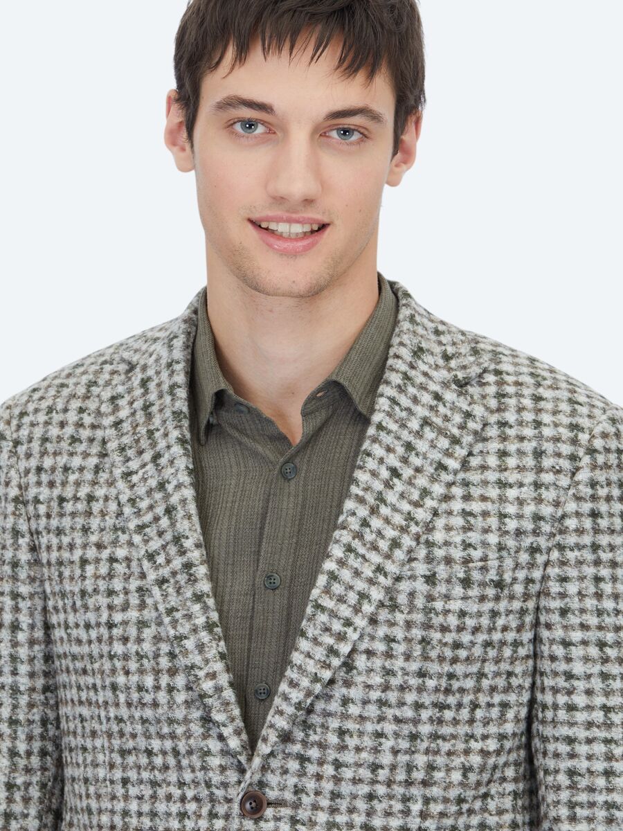 Haki Desenli Modern Fit Yün Karışımlı Örme Ceket - 4