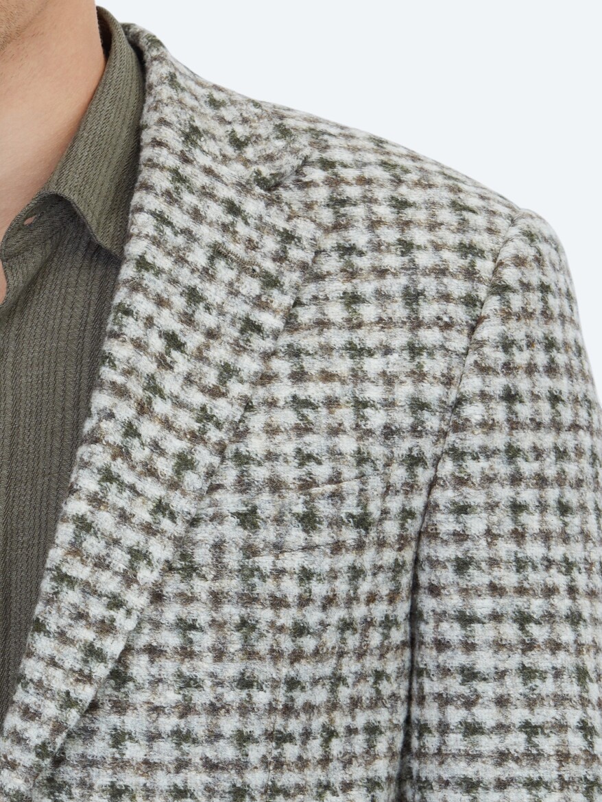 Haki Desenli Modern Fit Yün Karışımlı Örme Ceket - 5