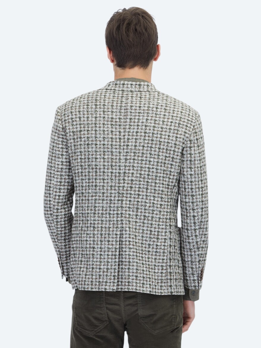 Haki Desenli Modern Fit Yün Karışımlı Örme Ceket - 6
