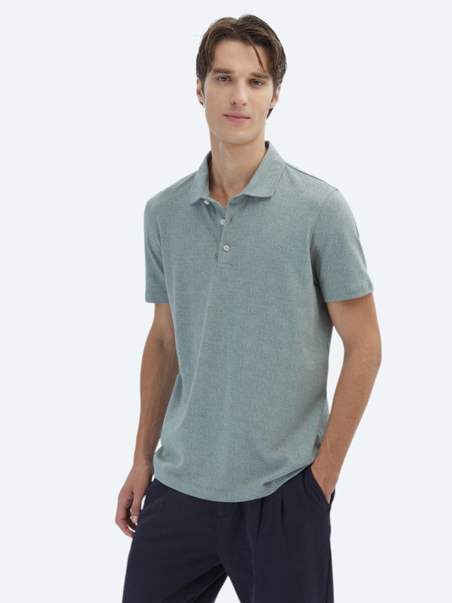 Haki Desenli Polo Yaka Pamuk Karışımlı T-Shirt - 1