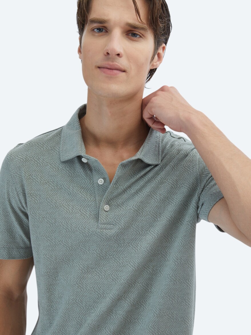 Haki Desenli Polo Yaka Pamuk Karışımlı T-Shirt - 3