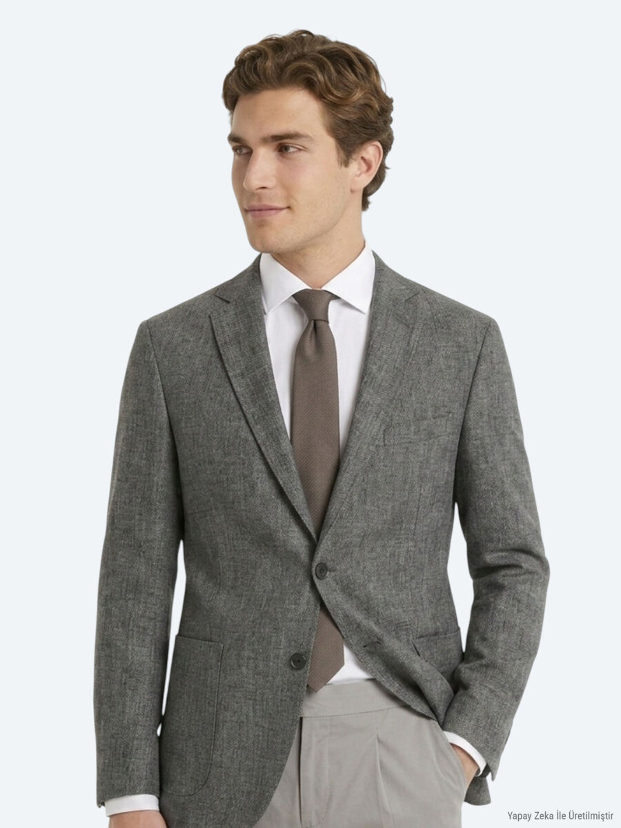 Haki Desenli Regular Fit Keten Karışımlı Ceket - 2