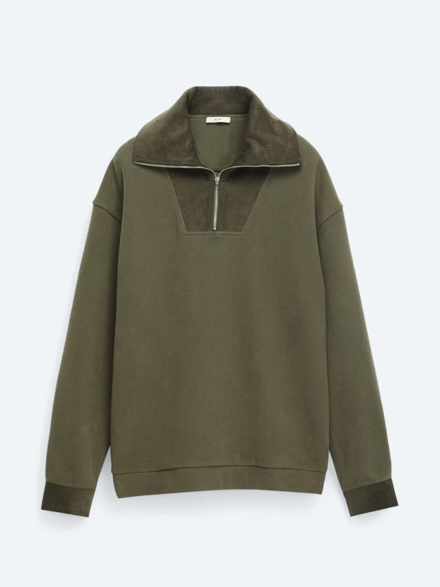 Haki Dik Yaka Çizgili Sweatshırt - 7