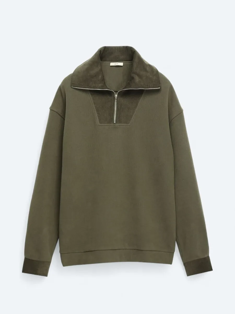 Haki Dik Yaka Çizgili Sweatshırt - 7