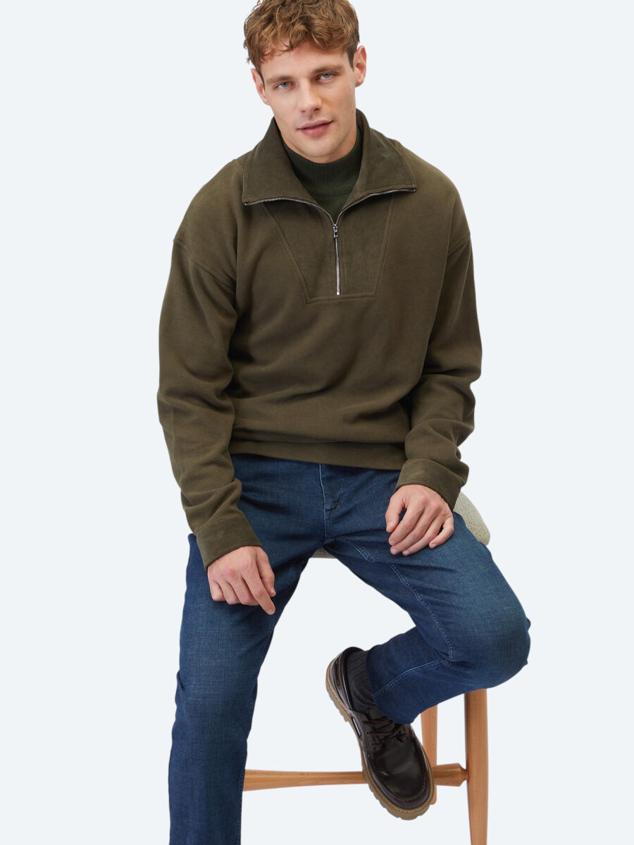 Haki Dik Yaka Çizgili Sweatshırt - 1