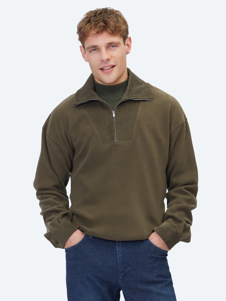 Haki Dik Yaka Çizgili Sweatshırt - 2