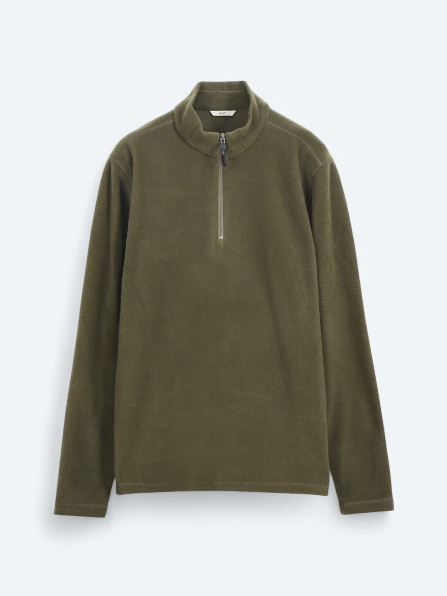 Haki Dik Yaka Düz Polar Sweatshırt - 6