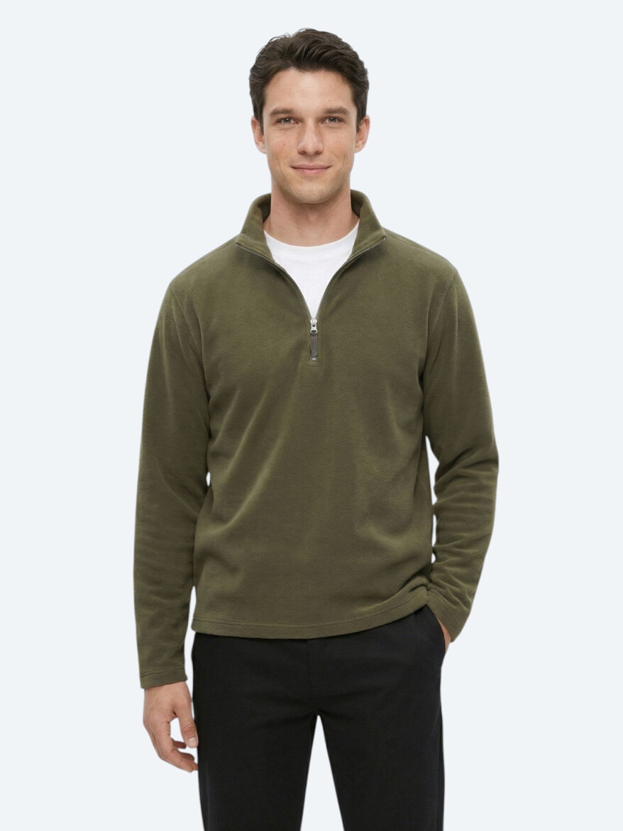 Haki Dik Yaka Düz Polar Sweatshırt 