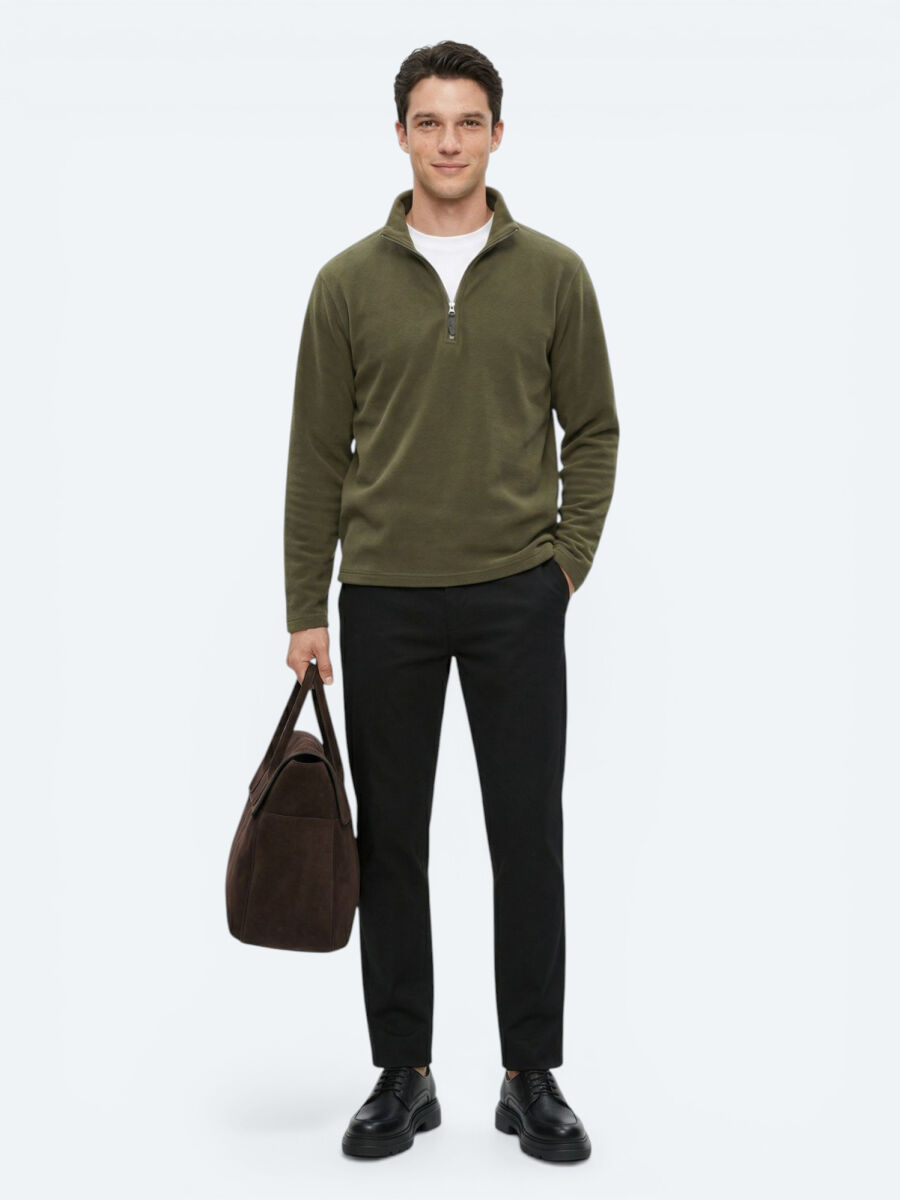 Haki Dik Yaka Düz Polar Sweatshırt - 4