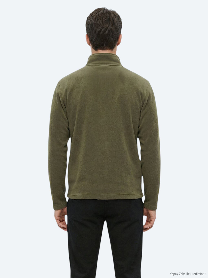 Haki Dik Yaka Düz Polar Sweatshırt - 5