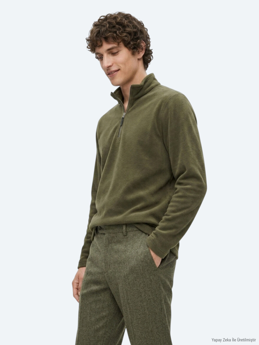 Haki Dik Yaka Düz Polar Sweatshırt - KİP