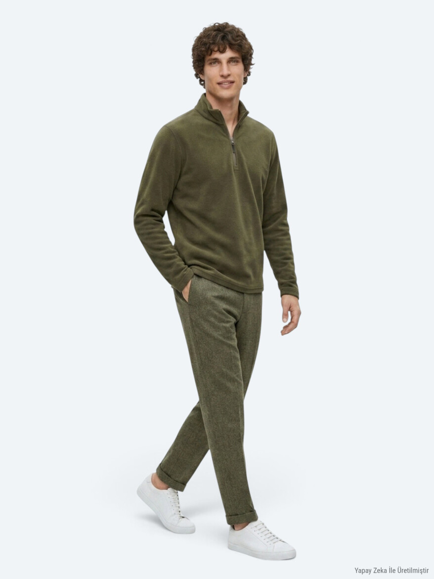 Haki Dik Yaka Düz Polar Sweatshırt - 3