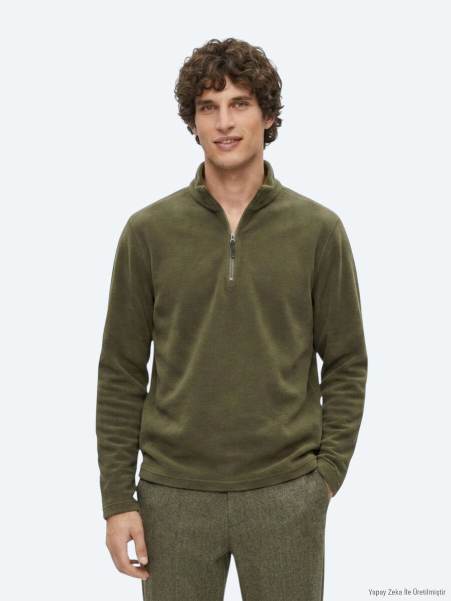 Haki Dik Yaka Düz Polar Sweatshırt - 4