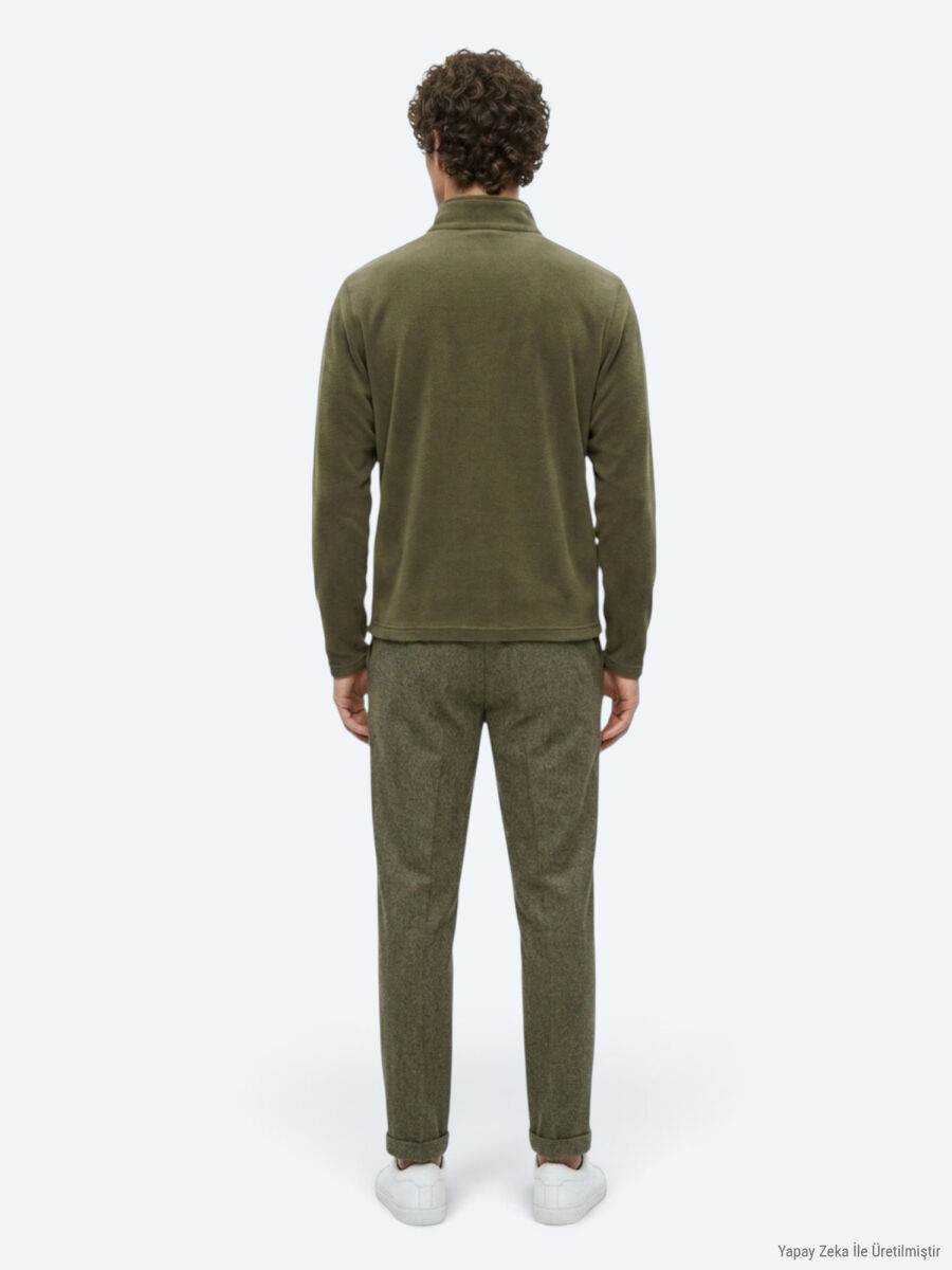 Haki Dik Yaka Düz Polar Sweatshırt - 5