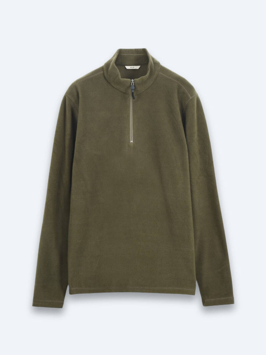 Haki Dik Yaka Düz Polar Sweatshırt - 6