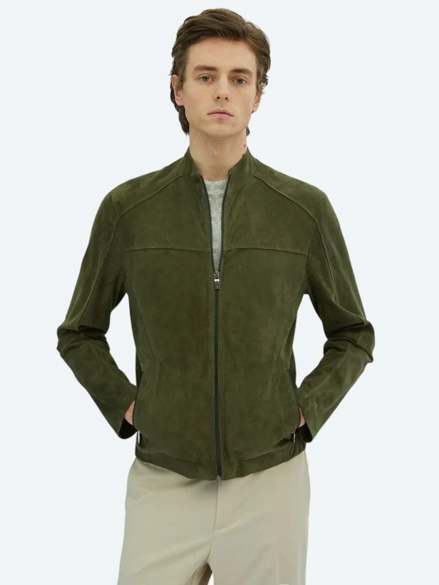 Haki Dik Yaka Smart Casual Deri Mont - 1