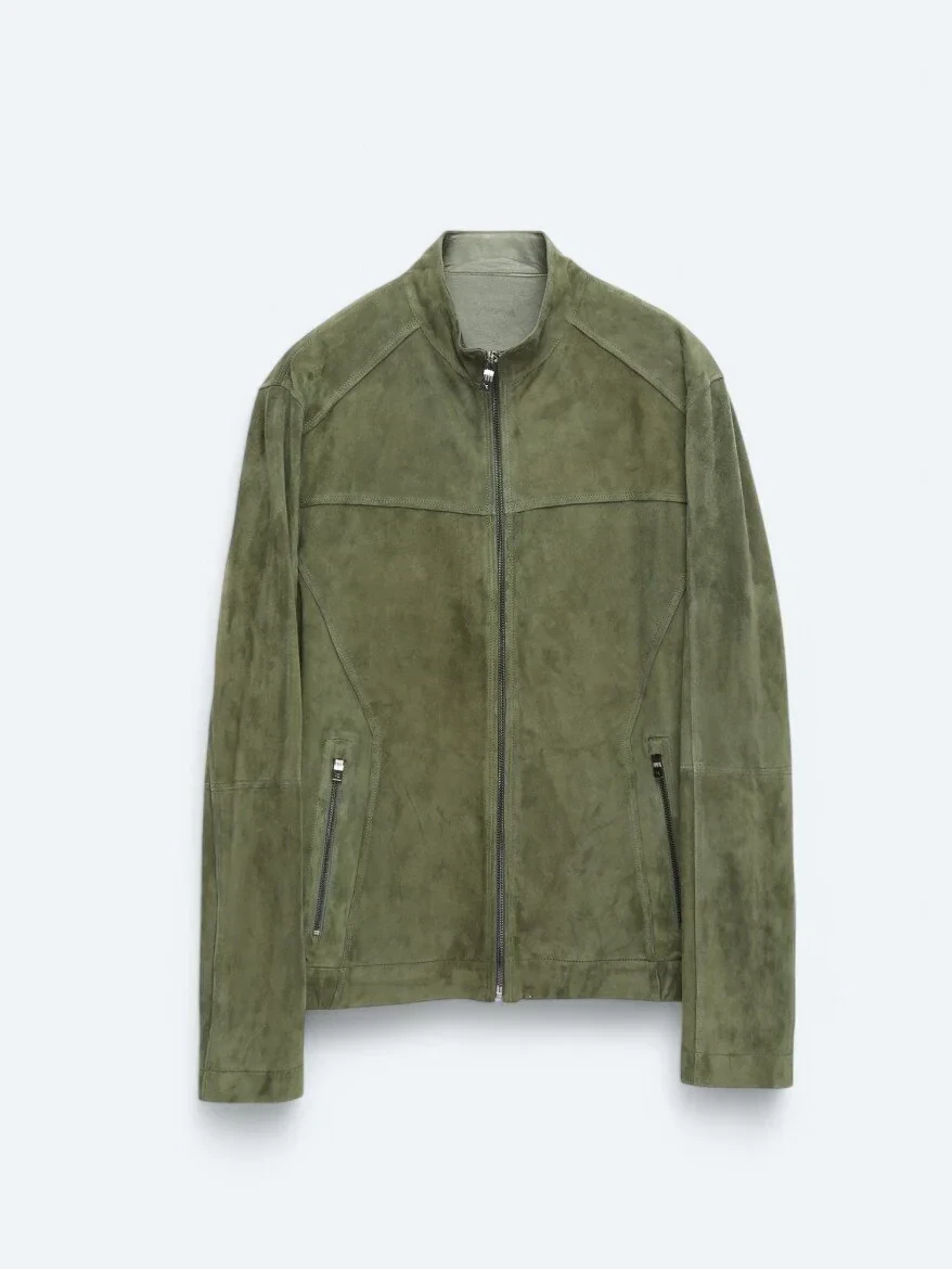 Haki Dik Yaka Smart Casual Deri Mont - 6