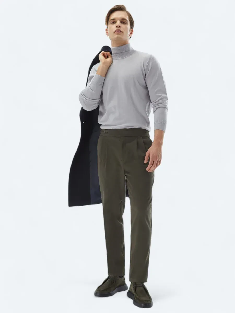 Haki Dokuma Carrot Fit Casual Pamuk Karışımlı Pantolon - 1