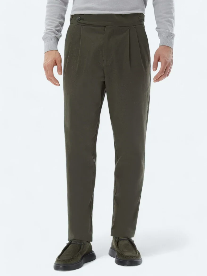 Haki Dokuma Carrot Fit Casual Pamuk Karışımlı Pantolon - 2