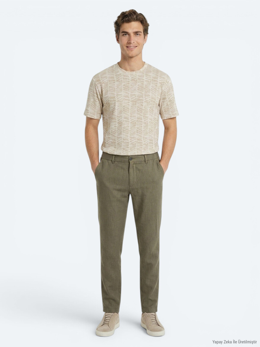 Haki Dokuma Relaxed Fit Casual Pamuk Karışımlı Pantolon 