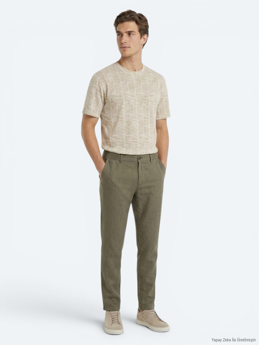 Haki Dokuma Relaxed Fit Casual Pamuk Karışımlı Pantolon - 3