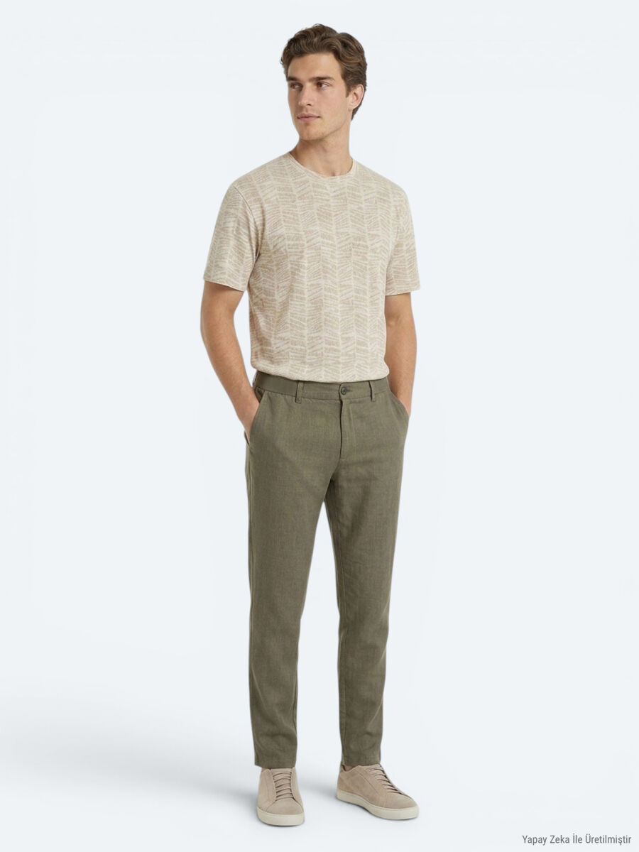Haki Dokuma Relaxed Fit Casual Pamuk Karışımlı Pantolon - 3