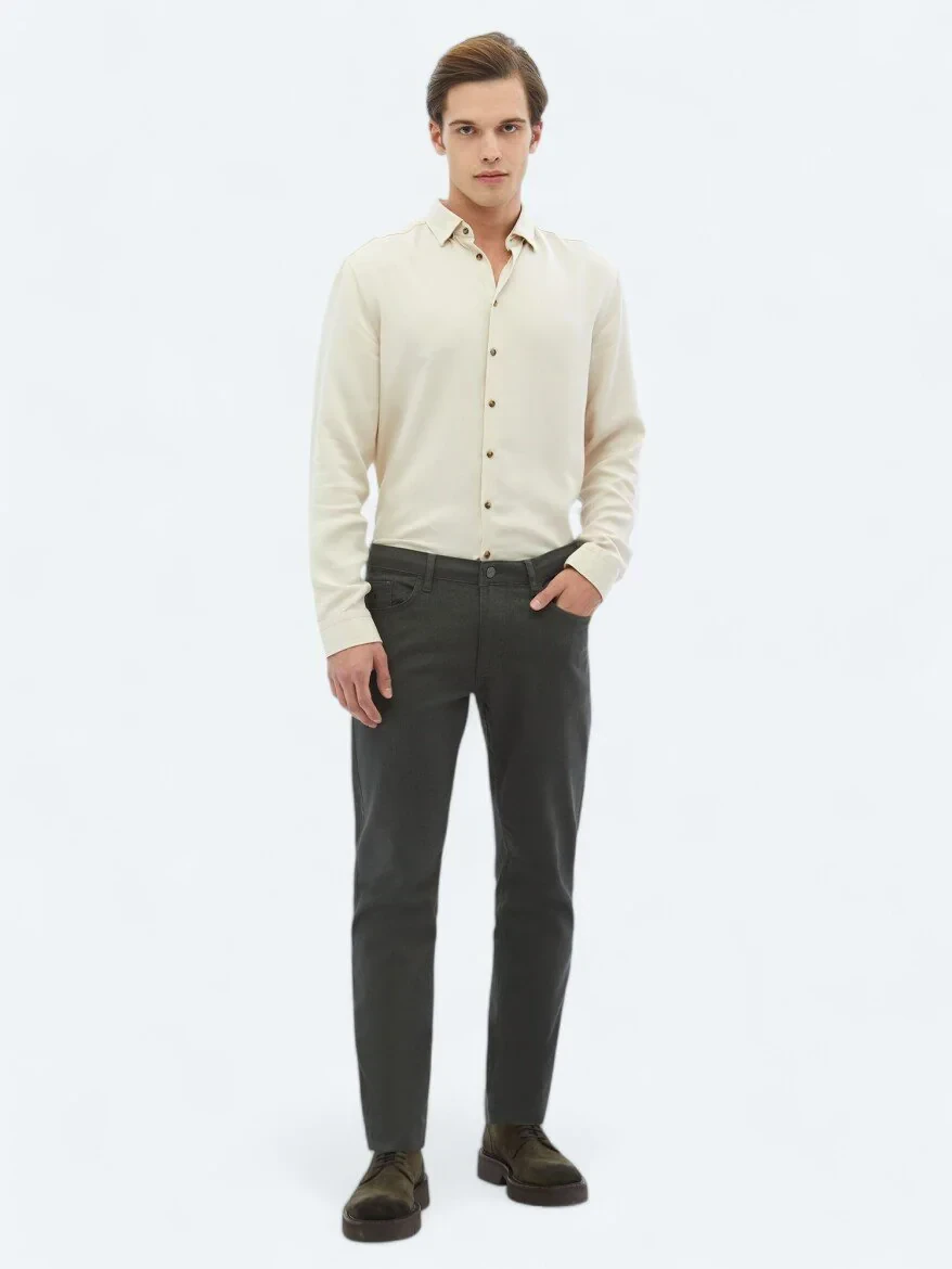 Haki Dokuma Slim Fit Casual Pamuk Karışımlı Pantolon - 1