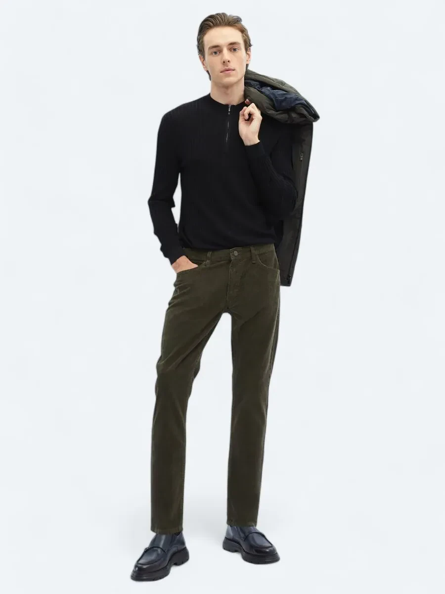 Haki Dokuma Slim Fit Kadife Casual Pamuk Karışımlı Pantolon - 1