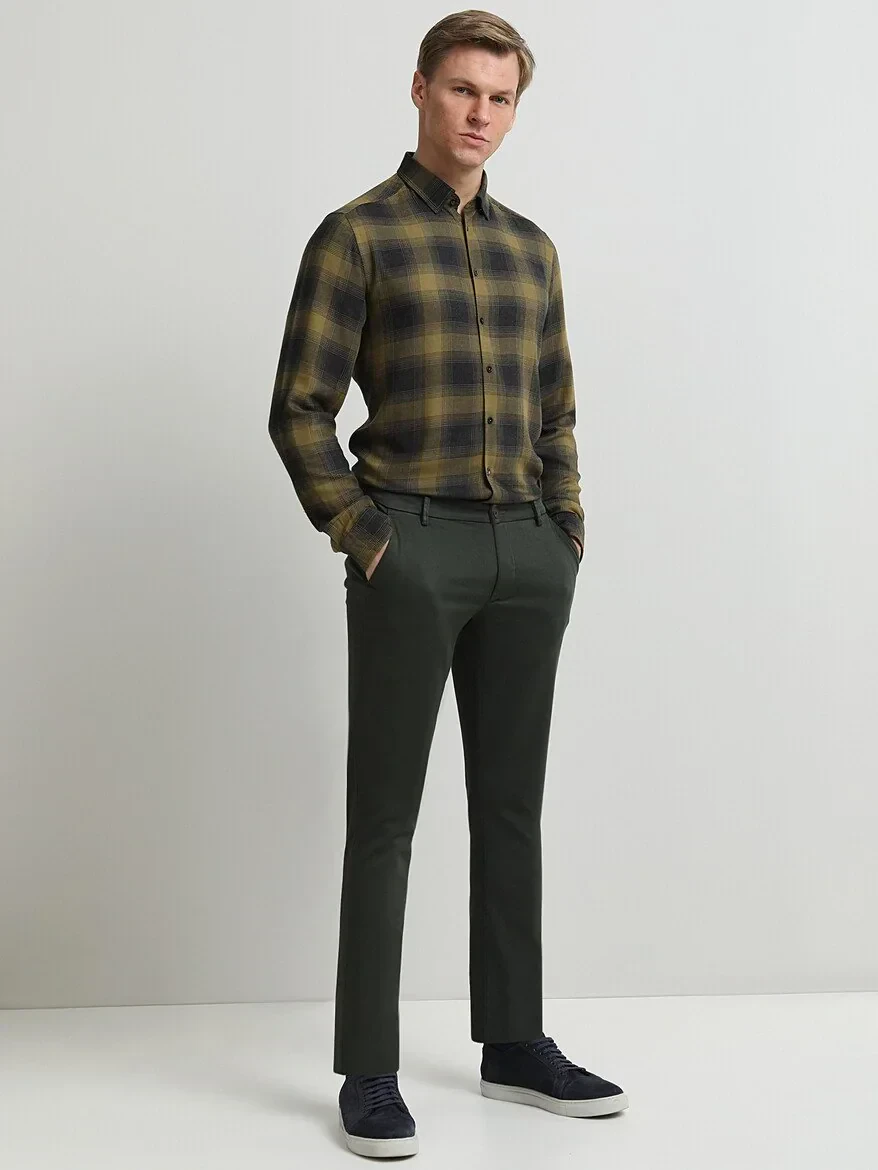 Haki Dokuma Slim Fit Smart Casual Pamuk Karışımlı Pantolon - 2
