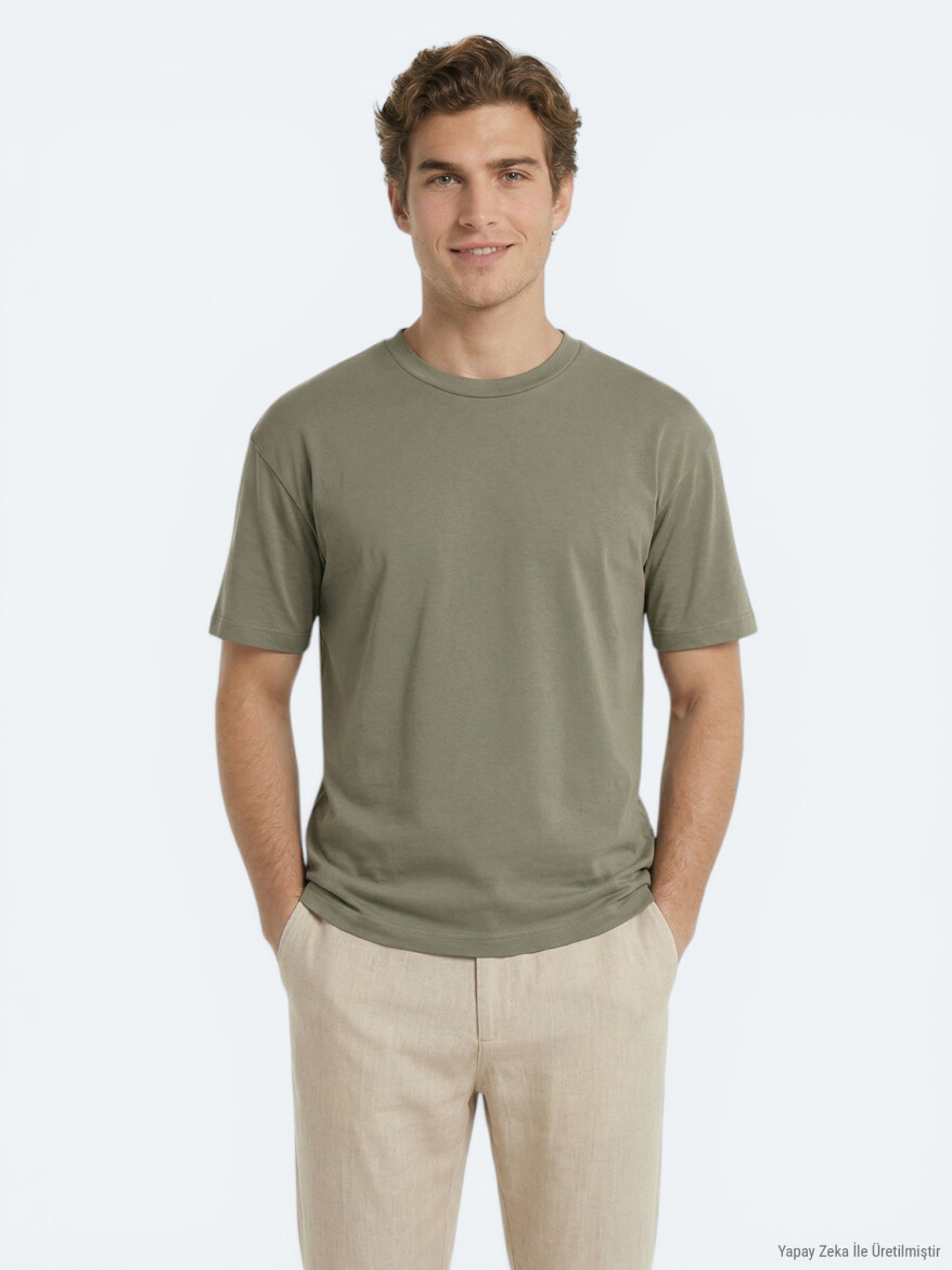Haki Düz %100 Pamuk T-Shirt 