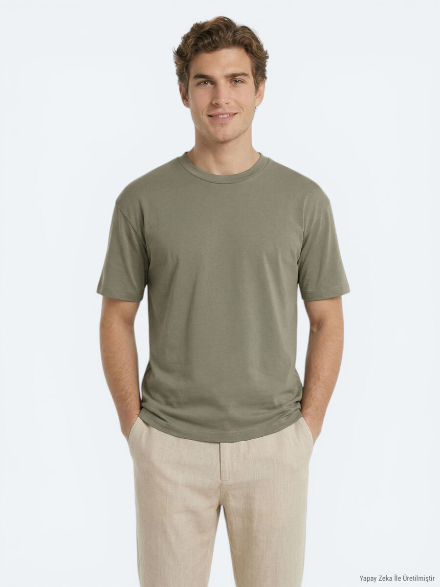 Haki Düz %100 Pamuk T-Shirt - 1