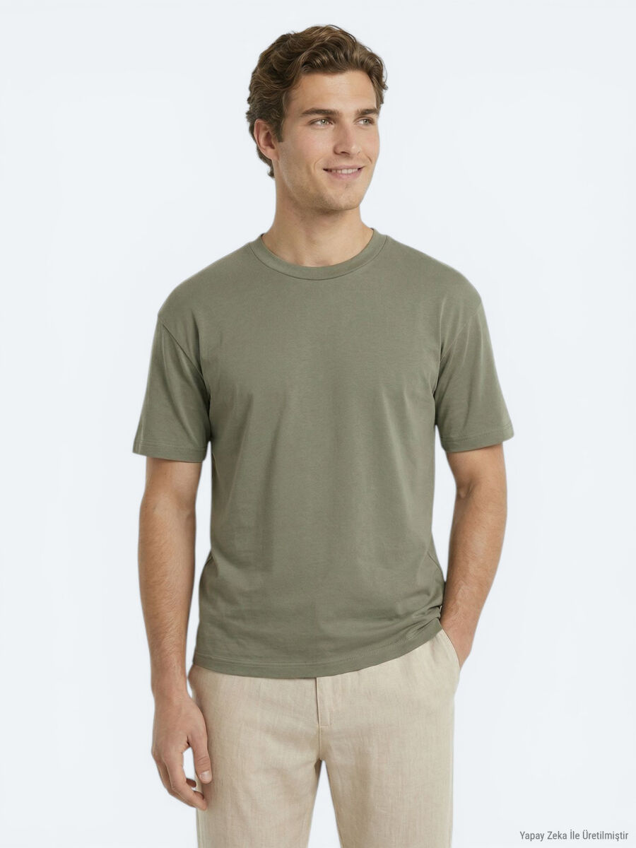 Haki Düz %100 Pamuk T-Shirt - 4