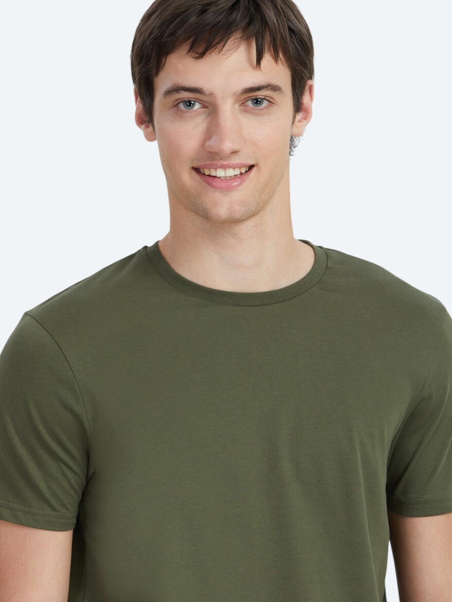 Haki Düz Bisiklet Yaka %100 Pamuk T-Shirt - 3