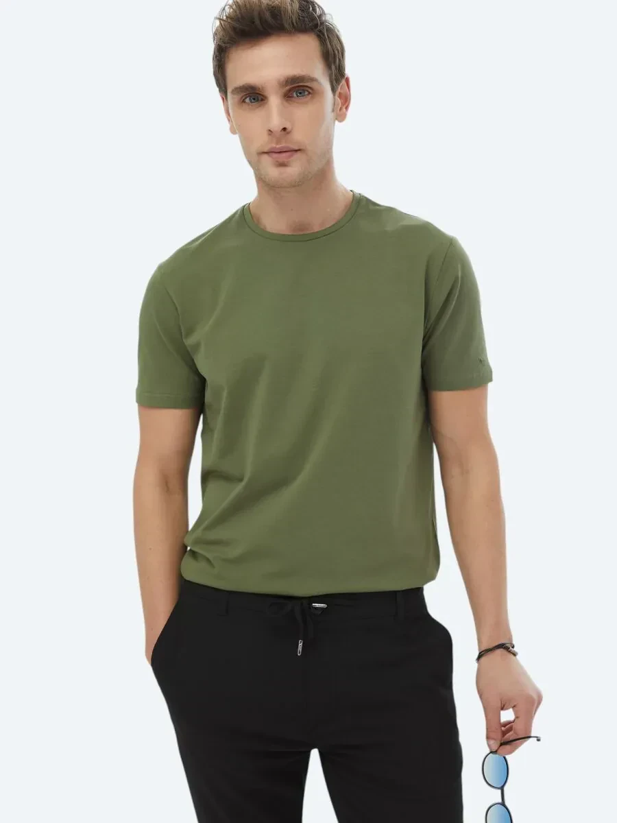 Haki Düz Bisiklet Yaka Pamuk Karışımlı T-Shirt - 1