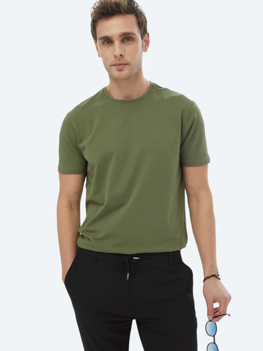 Haki Düz Bisiklet Yaka Pamuk Karışımlı T-Shirt - 2