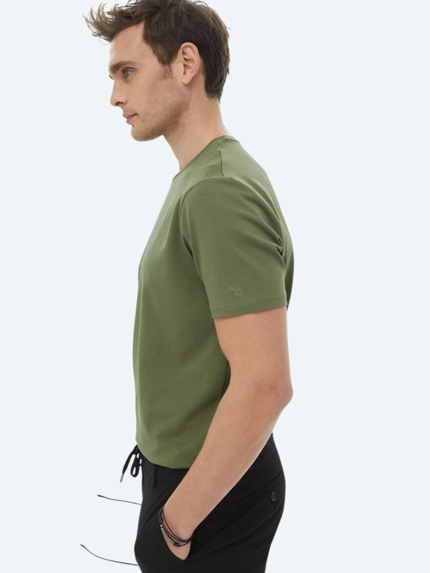 Haki Düz Bisiklet Yaka Pamuk Karışımlı T-Shirt 