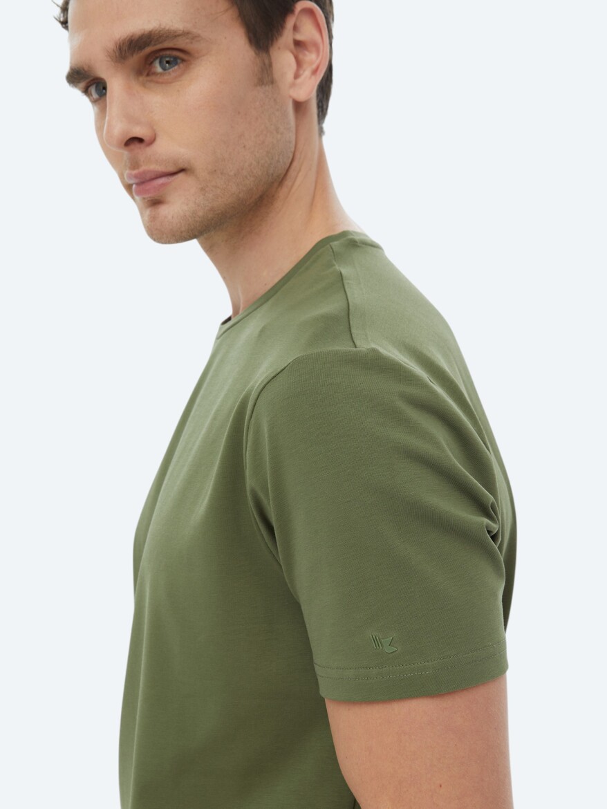 Haki Düz Bisiklet Yaka Pamuk Karışımlı T-Shirt - 3