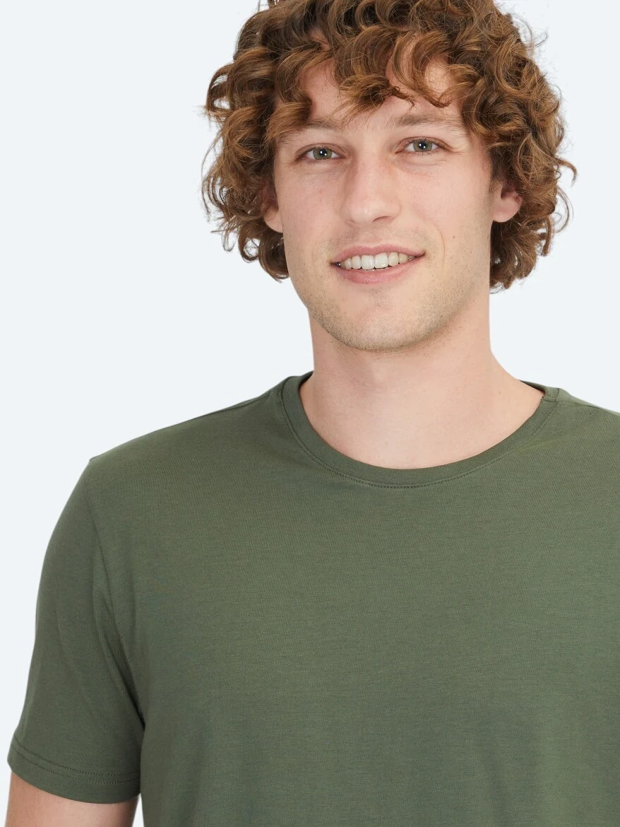 Haki Düz Bisiklet Yaka Pamuk Karışımlı T-Shirt - 3