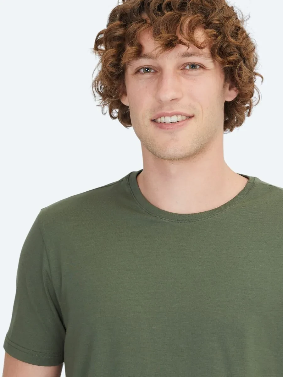 Haki Düz Bisiklet Yaka Pamuk Karışımlı T-Shirt - 3