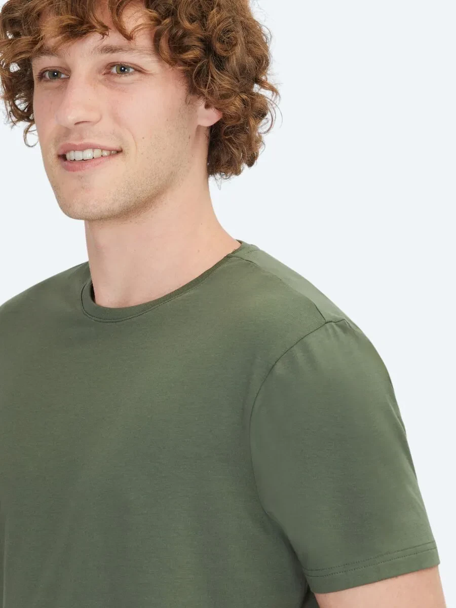 Haki Düz Bisiklet Yaka Pamuk Karışımlı T-Shirt - 4