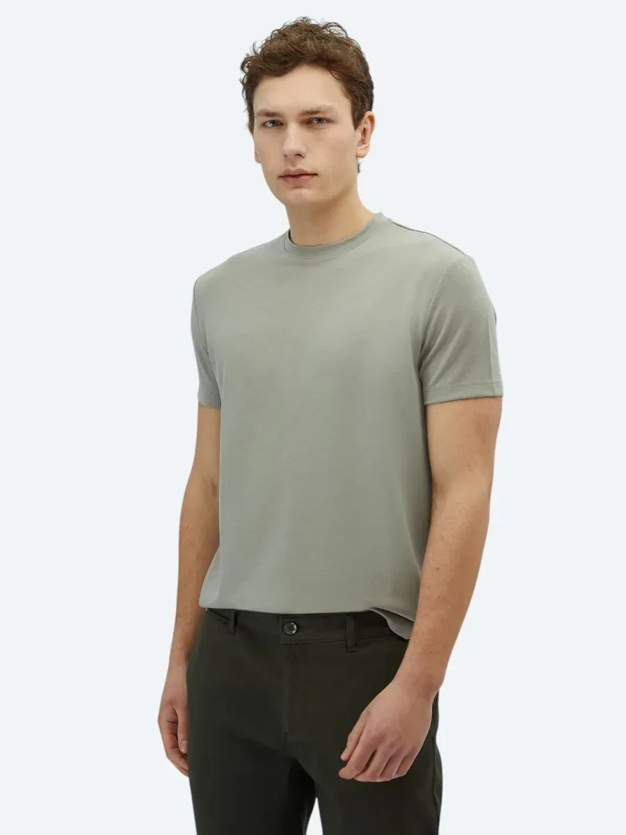 Haki Düz Bisiklet Yaka T-Shirt - 1
