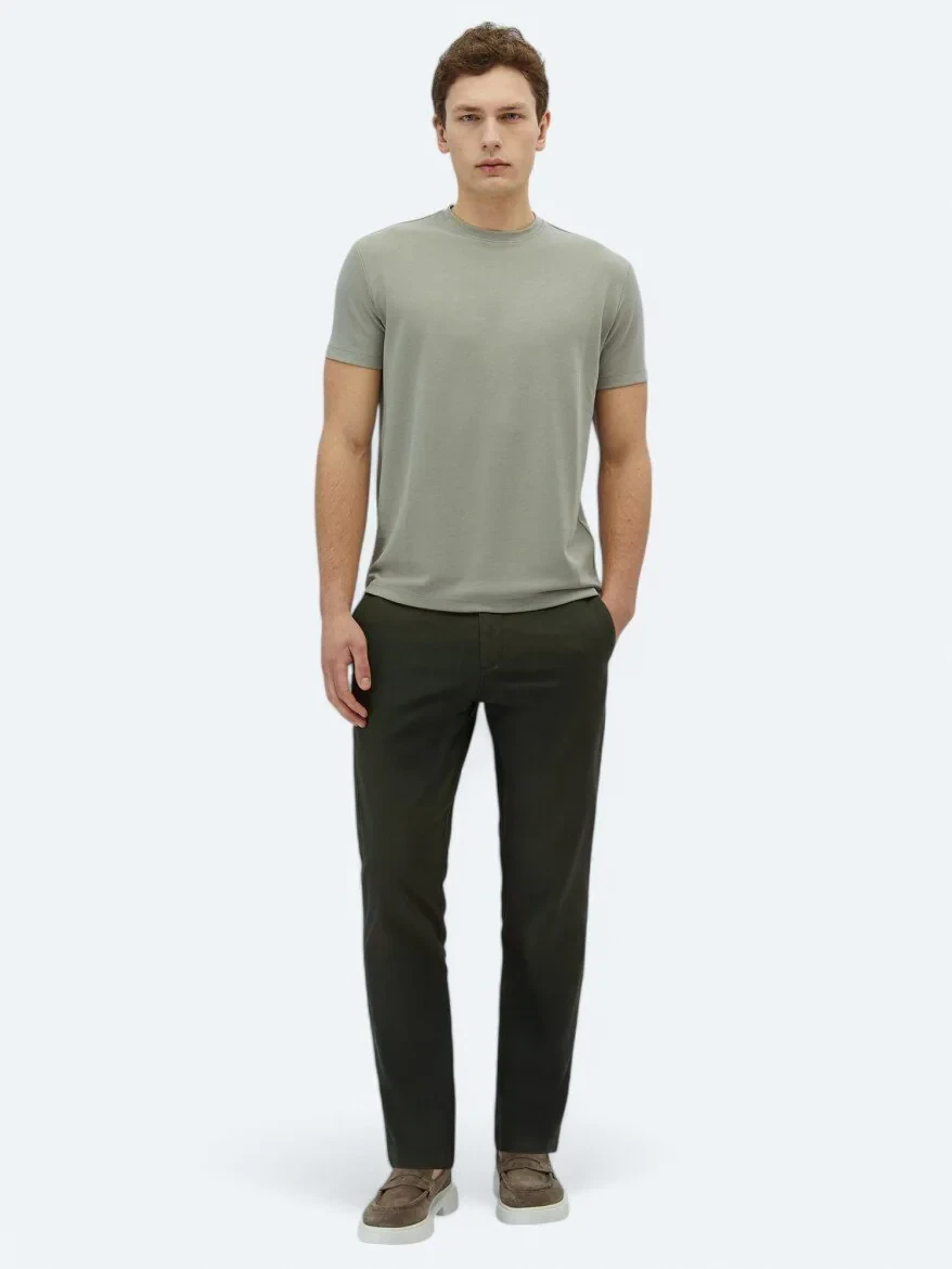 Haki Düz Bisiklet Yaka T-Shirt - 2