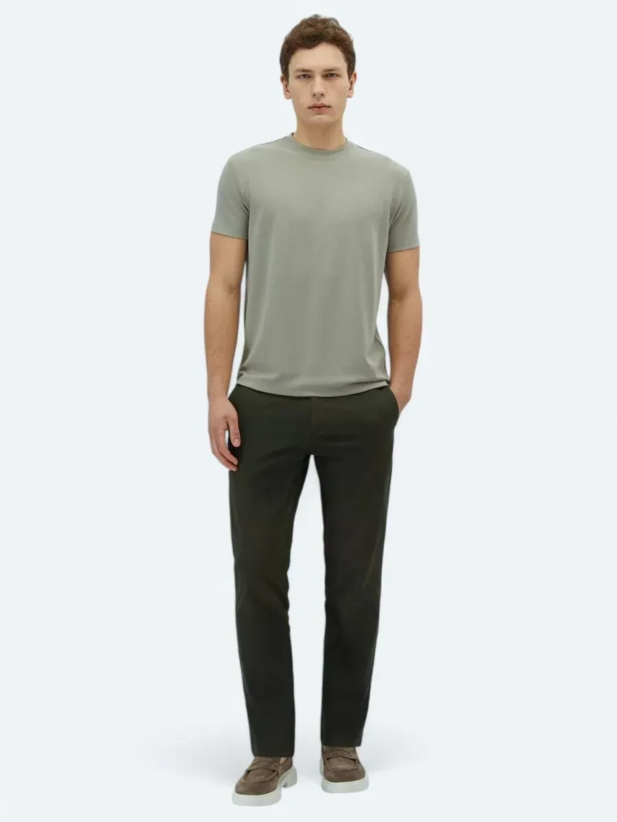 Haki Düz Bisiklet Yaka T-Shirt - 2