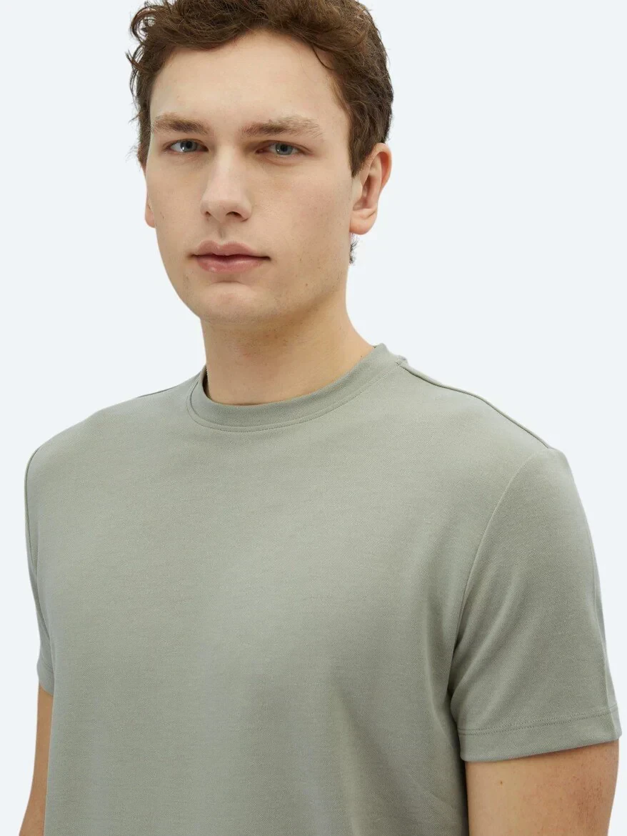 Haki Düz Bisiklet Yaka T-Shirt - 3