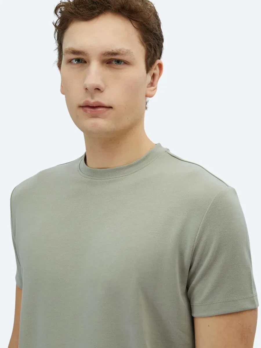 Haki Düz Bisiklet Yaka T-Shirt - 3