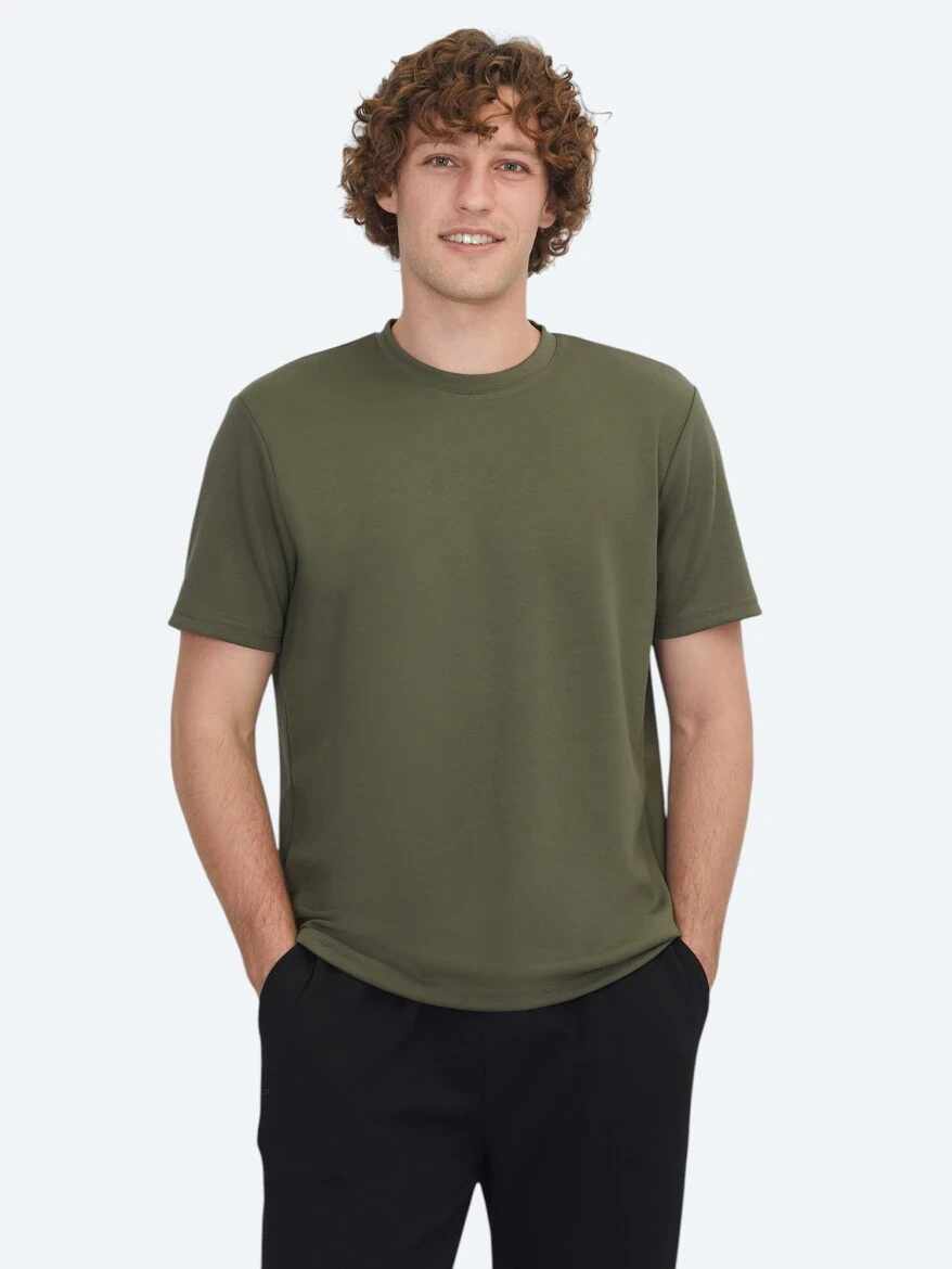 Haki Düz Bisiklet Yaka T-Shirt - 1